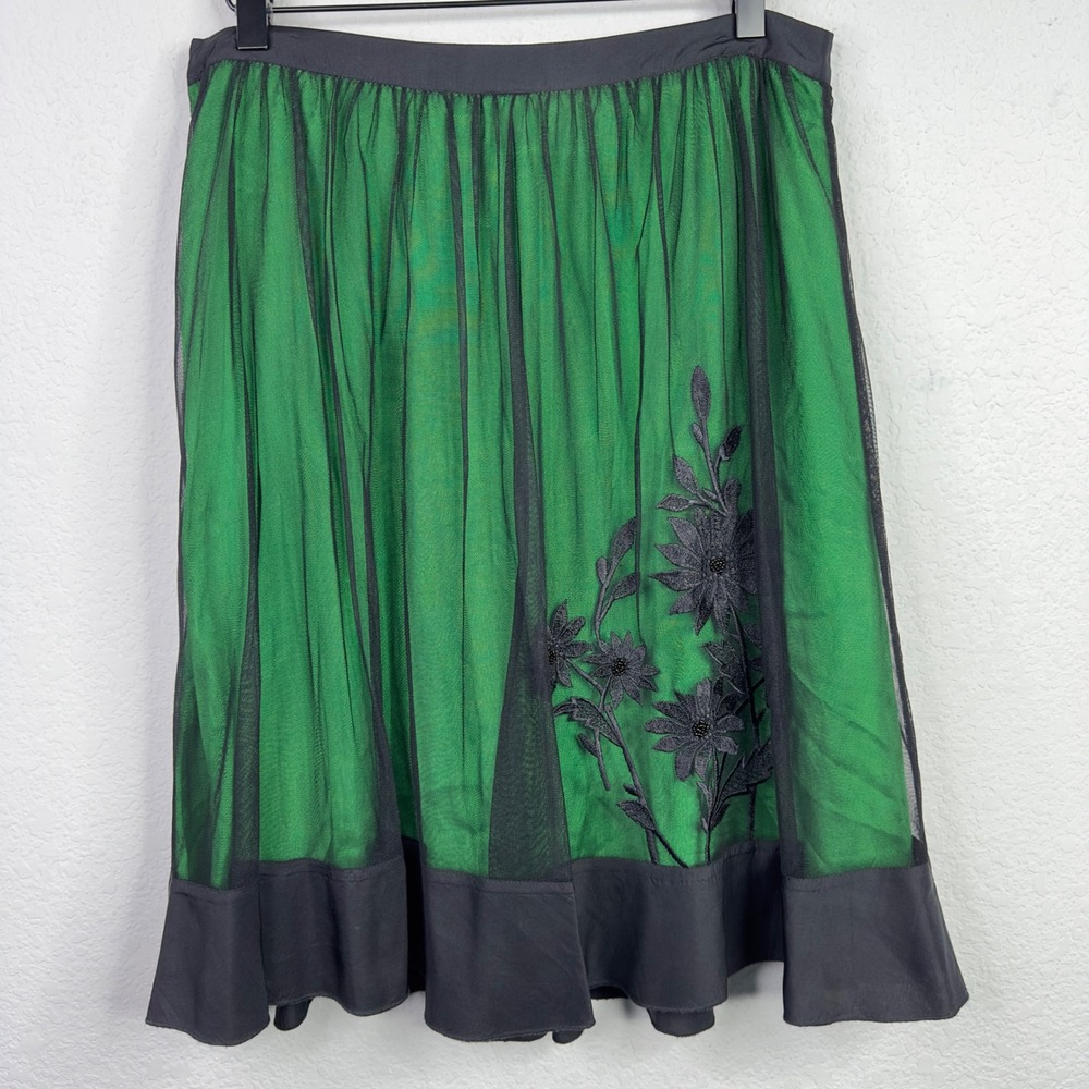 Anthropologie Lithe Skirt 6 Green Black Embroidered Overlay Romantic Whimsigoth - Picture 2 of 9